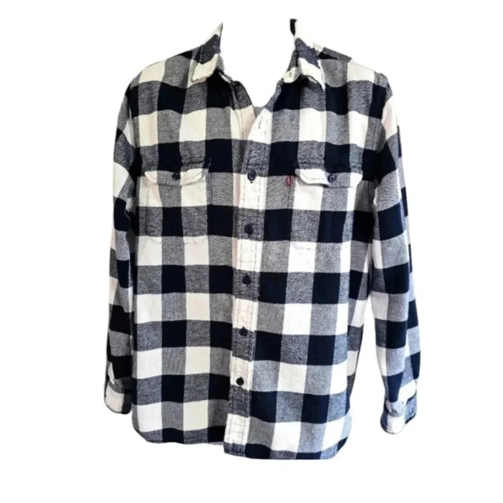 Levi's Men’s XL Black White Buffalo Plaid Flannel Shirt Y2K Grunge Oversized - Picture 2 of 7